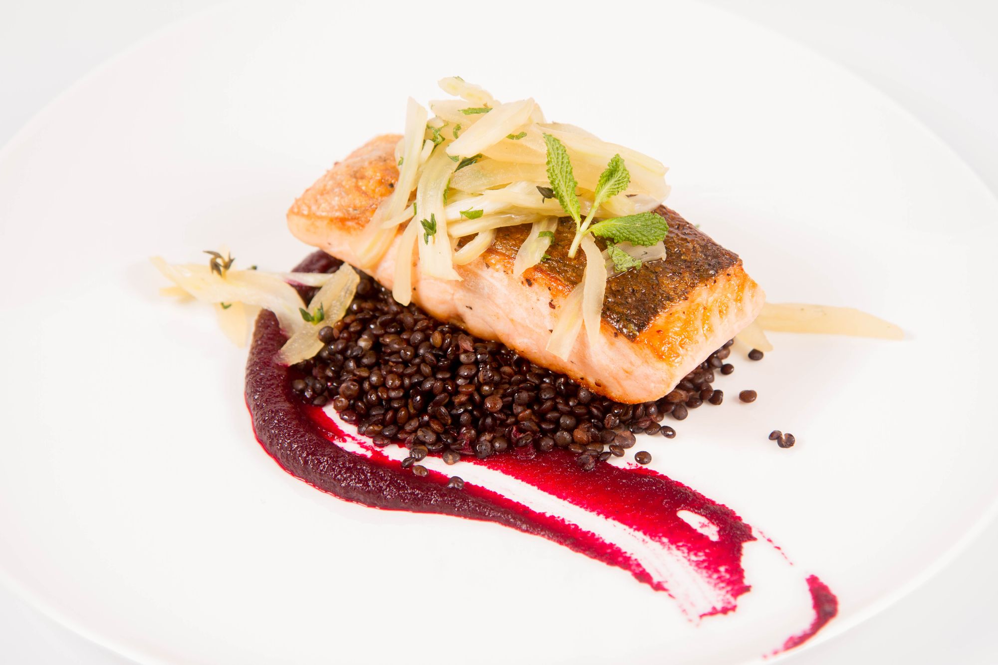 Salmon with Mustard, Beetroot, and Lentils