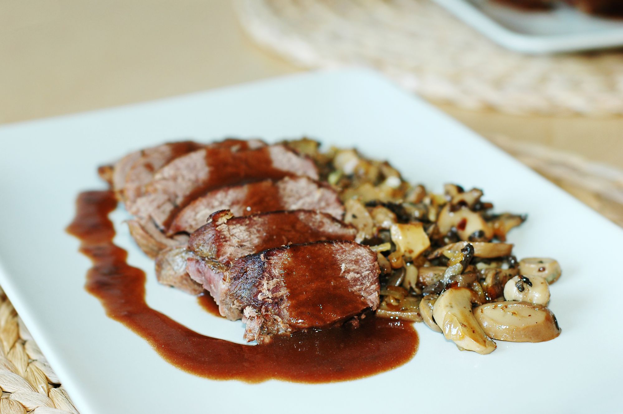 Hanger Steak with Wine and Mushrooms