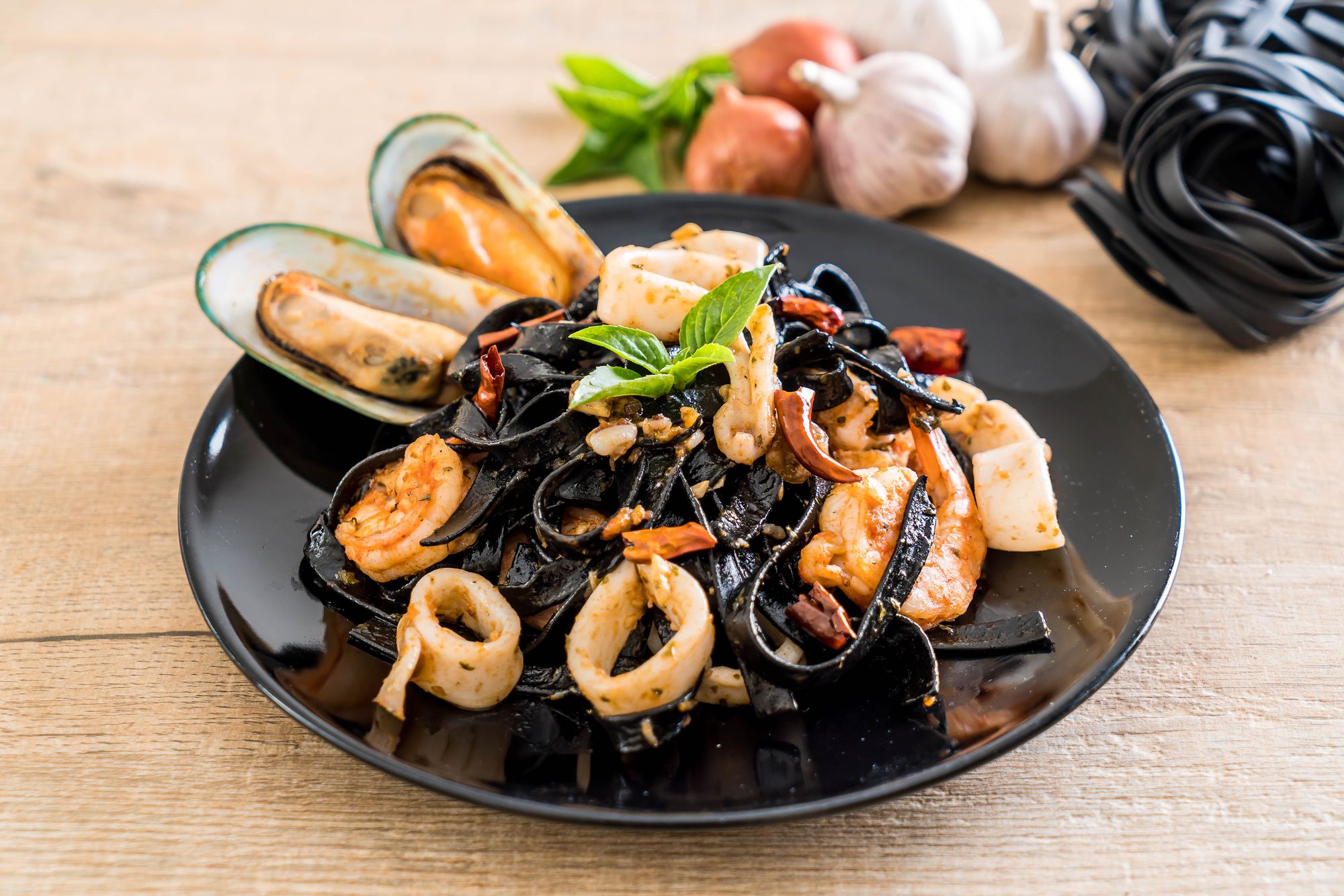Squid Ink Linguine with Garlic Seafood