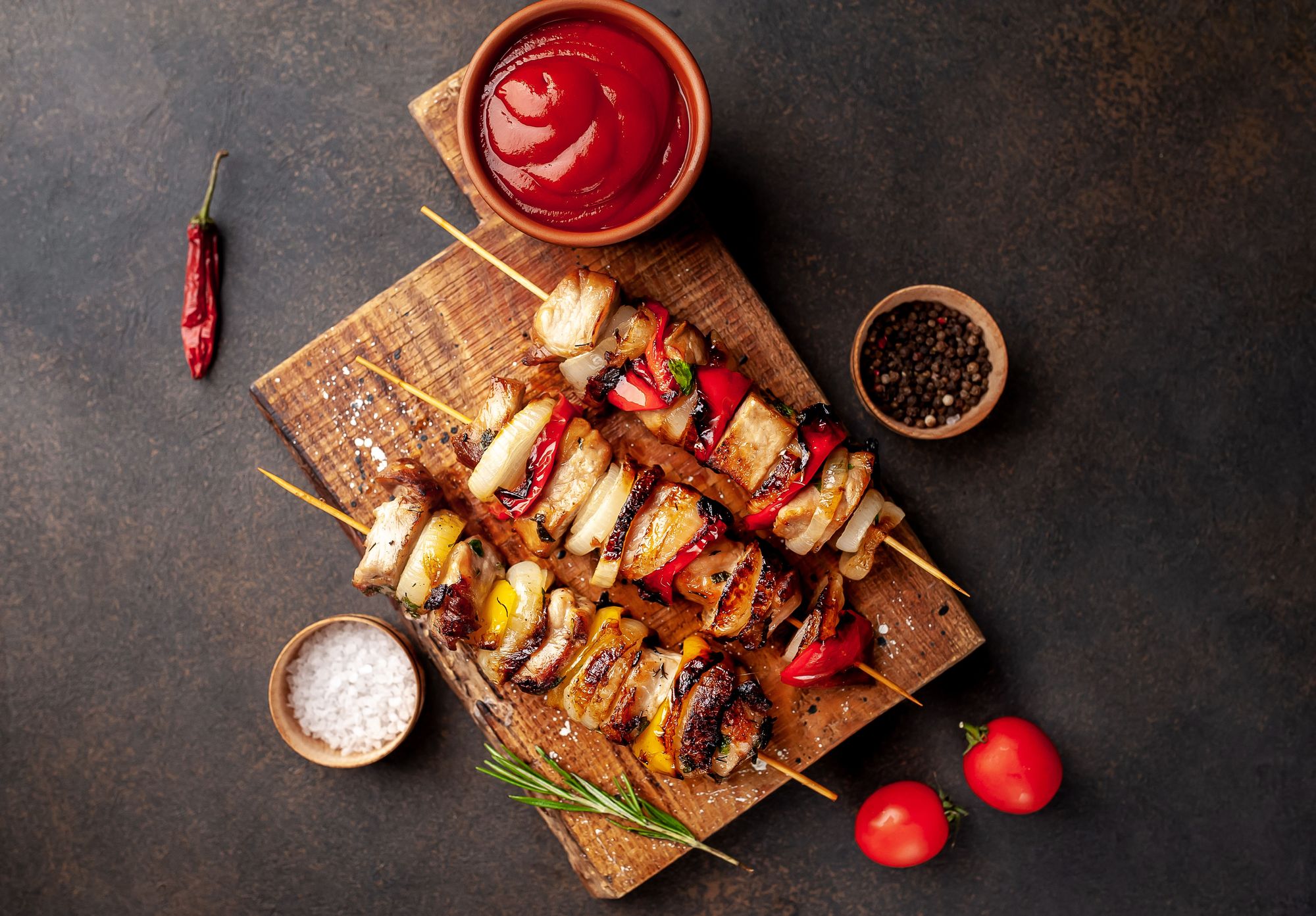 Portuguese Pork Skewers with Charred Tomatoes