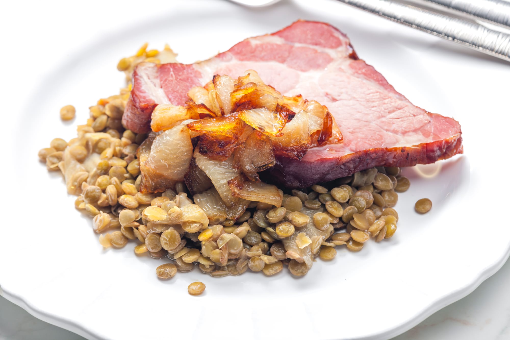 Gammon with Leeks and Lentils