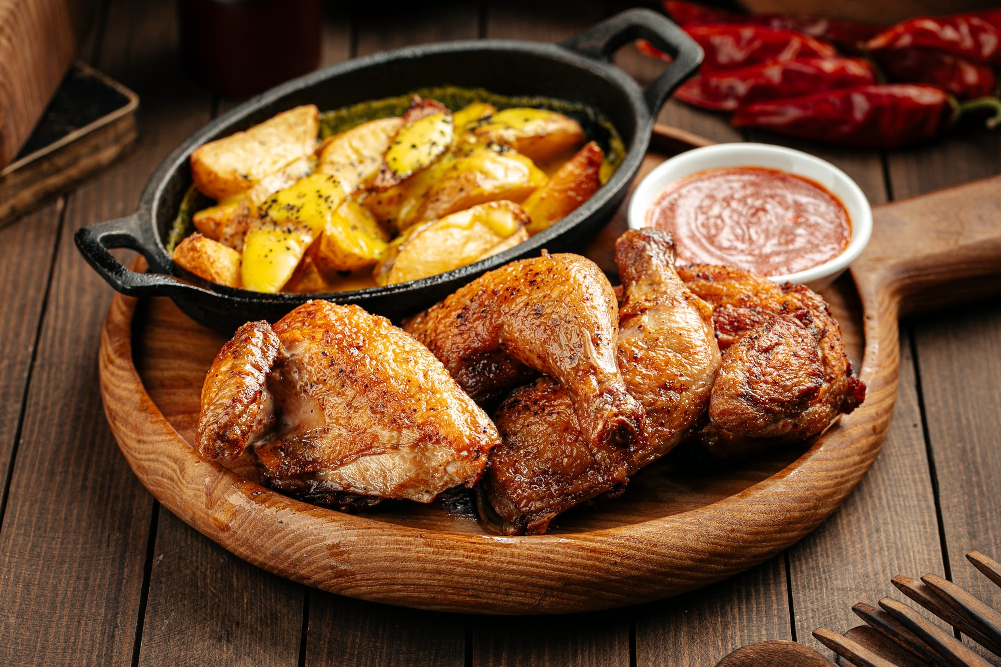 Crispy Garlic Chicken Thighs and Chips