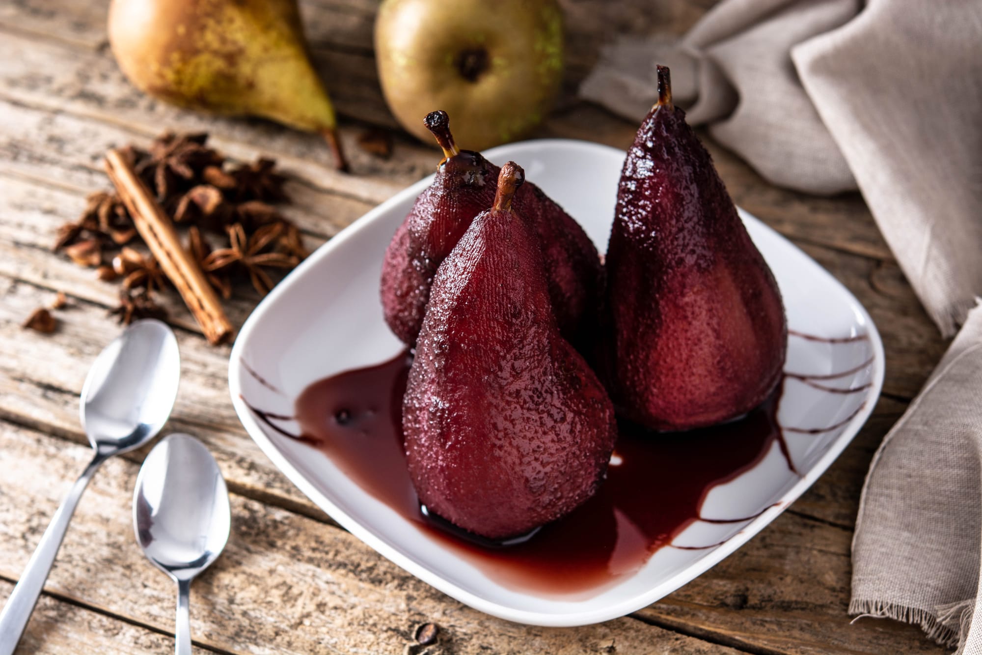 Red Wine Pears with Roquefort Dressing