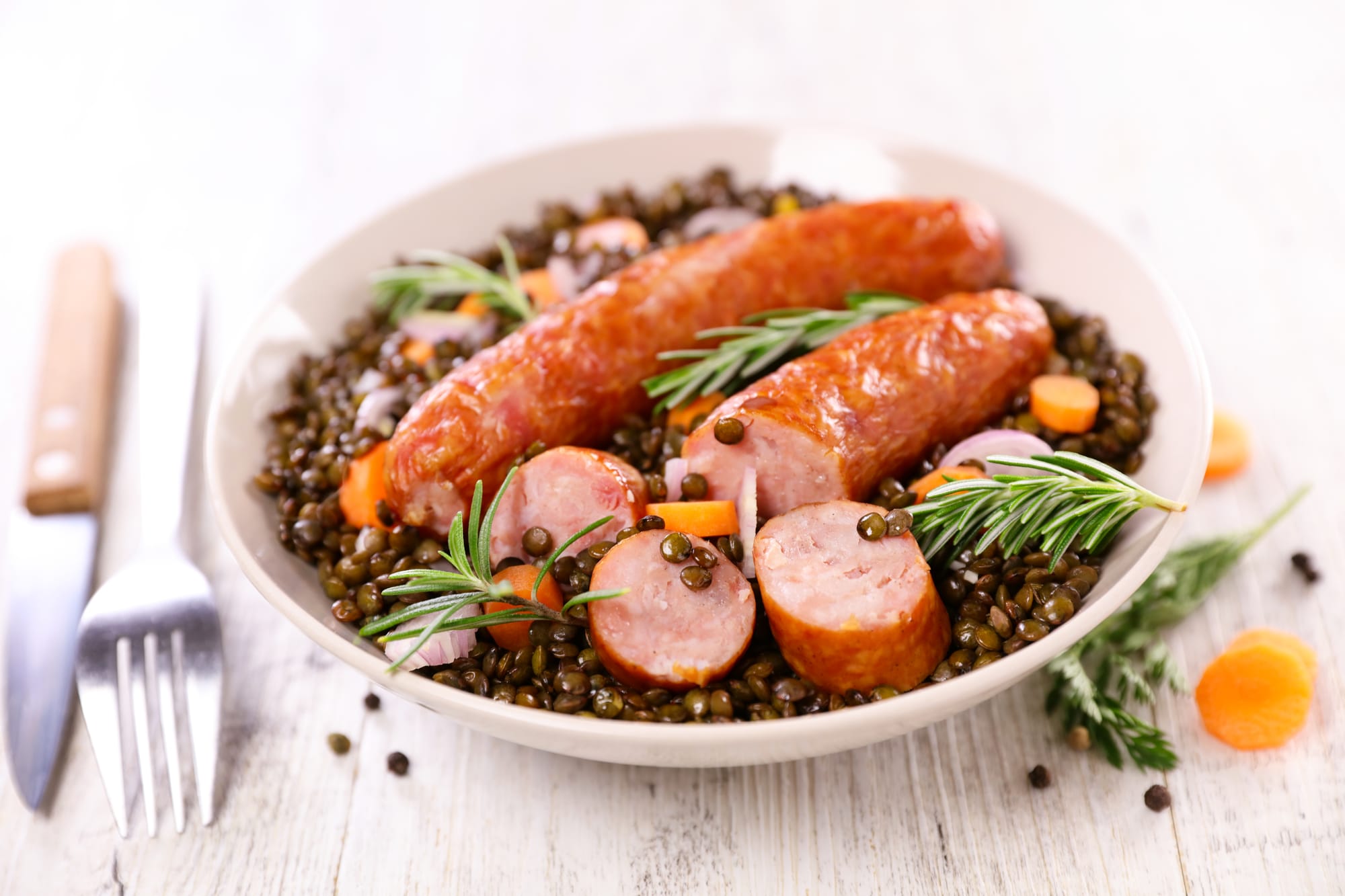 Mustard Lentils with Beetroot and Lamb Sausages