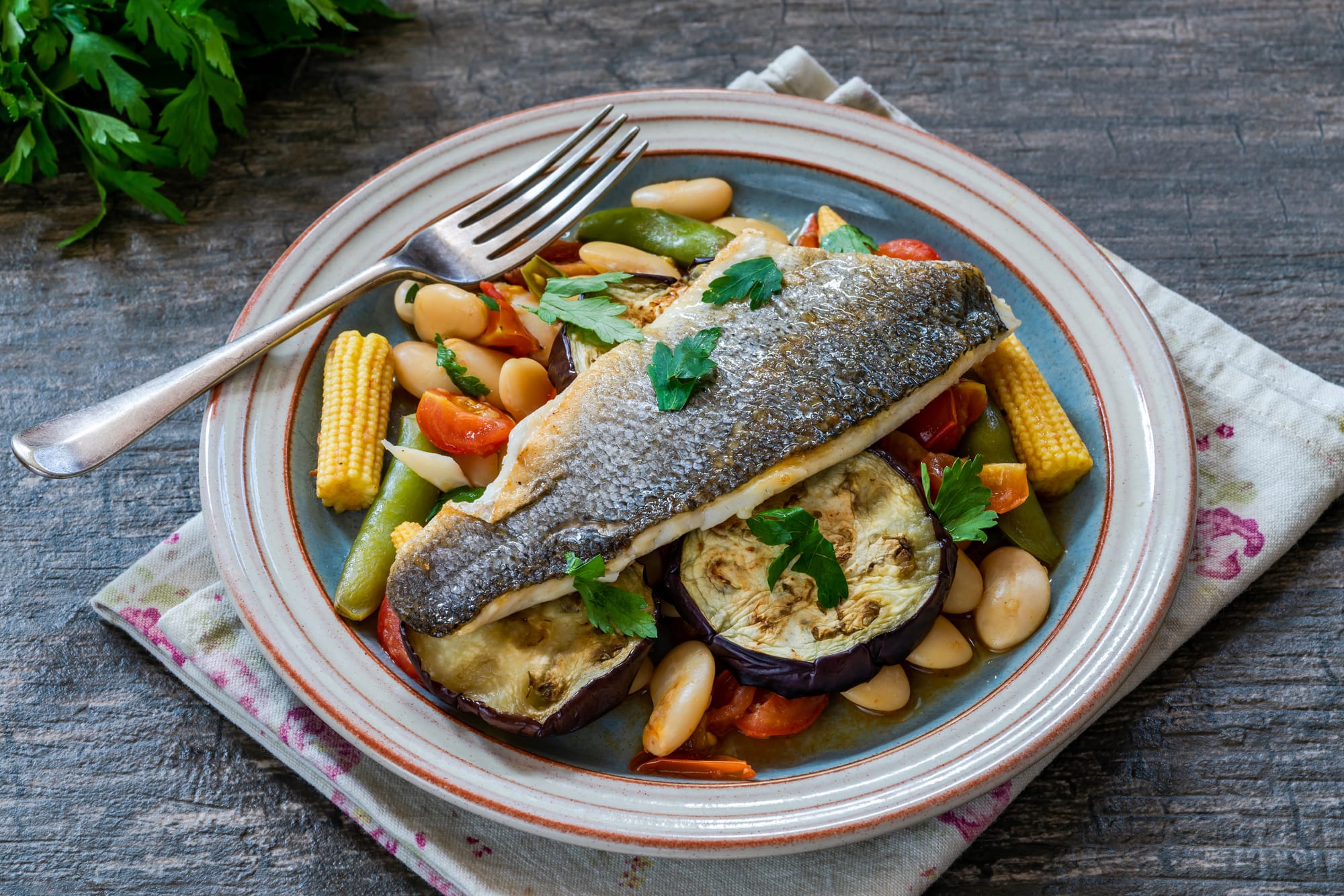 Roast White Fish with Garlic Beans