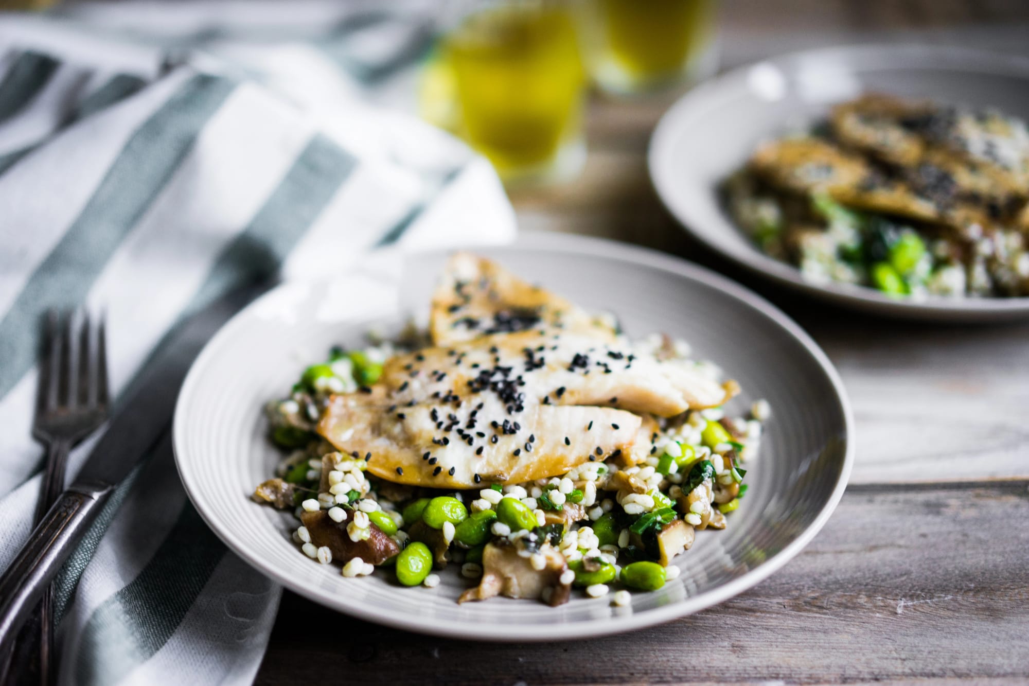 Baked White Fish with Mushroom Orzo