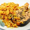 Baked Salmon With Chorizo Rice