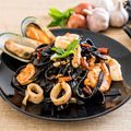 Squid Ink Linguine with Garlic Seafood