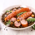 Mustard Lentils with Beetroot and Lamb Sausages