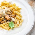 Tahini, Mushroom and Pistachio Fusilli